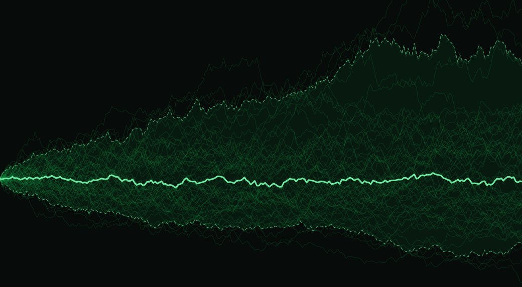 Simulated price paths from a geometric Brownian motion model, with the median and 5 to 95 percent band